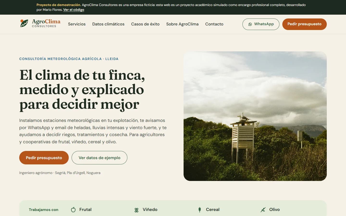 Portada de la web de AgroClima Consultores con el aviso de proyecto de demostración