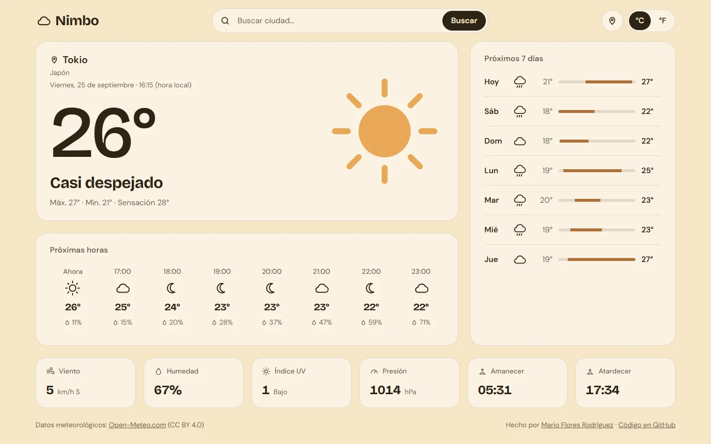 Tiempo en Tokio con el tema soleado, la previsión de las próximas horas, los próximos 7 días y los datos de viento, humedad, UV, presión, amanecer y atardecer